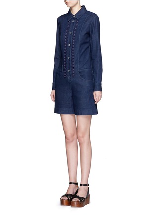Front View - Click To Enlarge - SEE BY CHLOÉ - Crochet lace placket trim denim rompers
