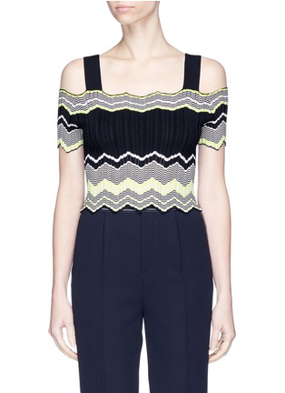 Main View - Click To Enlarge - COMME MOI - Zigzag stripe cold shoulder knit top