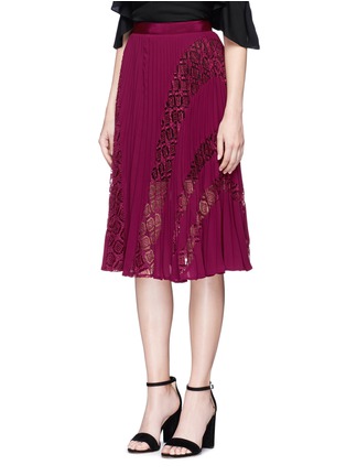 Front View - Click To Enlarge - SELF-PORTRAIT - 'Symm' lace insert pleated chiffon skirt