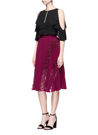 Figure View - Click To Enlarge - SELF-PORTRAIT - 'Symm' lace insert pleated chiffon skirt