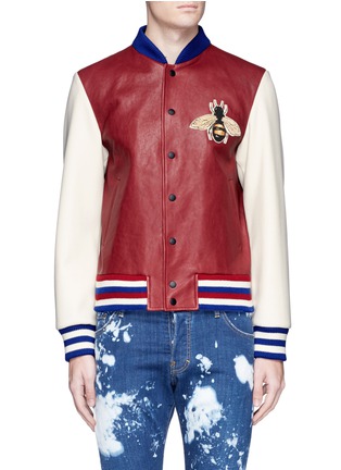 Main View - Click To Enlarge - GUCCI - Bee and panther appliqué leather bomber jacket