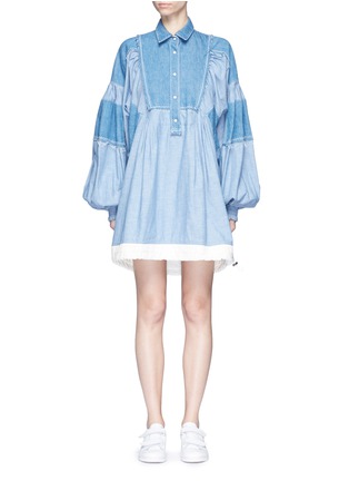 Main View - Click To Enlarge - SACAI - Balloon sleeve frayed patch chambray dress