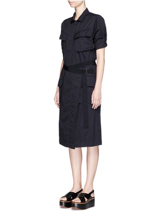 Front View - Click To Enlarge - SACAI - Belted wrap skirt overdyed cotton shirt dress