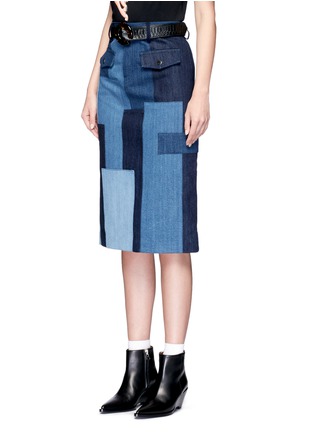 Front View - Click To Enlarge - JINNNN - Snake effect belt cotton denim patchwork skirt