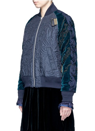 Front View - Click To Enlarge - SACAI - Calligraphy embroidered velvet sleeve quilted bomber jacket