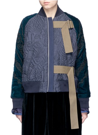 Main View - Click To Enlarge - SACAI - Calligraphy embroidered velvet sleeve quilted bomber jacket