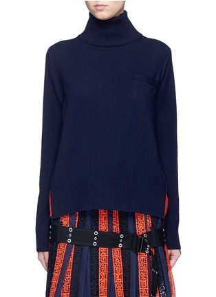 Main View - Click To Enlarge - SACAI - Regimental calligraphy stripe pleated wool turtleneck sweater