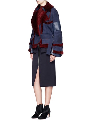 Figure View - Click To Enlarge - SACAI - Leather trim colourblock sheepskin shearling jacket