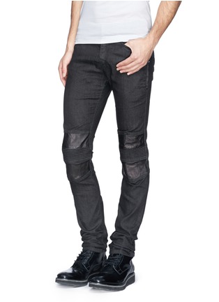 Figure View - Click To Enlarge - NEIL BARRETT - Faux leather and ribbed knee jeans