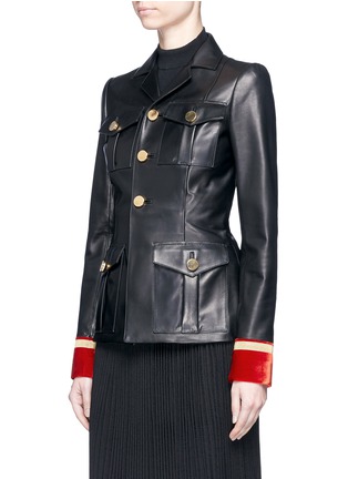 Front View - Click To Enlarge - GIVENCHY - Embroidered velvet cuff leather military jacket