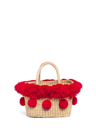 Detail View - Click To Enlarge - NANNACAY - Pompom fringe small woven reed tote