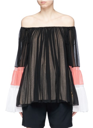 Main View - Click To Enlarge - CHLOÉ - Colourblock bell sleeve off-shoulder crépon blouse