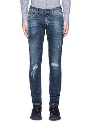 Detail View - Click To Enlarge - - - 'Stretch 14' slim fit medium wash distressed jeans