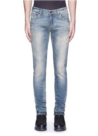 Detail View - Click To Enlarge - - - 'Stretch 14' slim fit light wash distressed jeans