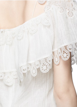 Detail View - Click To Enlarge - CHLOÉ - Peacock guipure lace linen playsuit