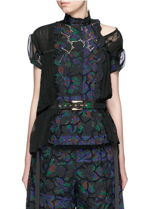 Main View - Click To Enlarge - SACAI - Botanical print embroidery lace pleat insert top