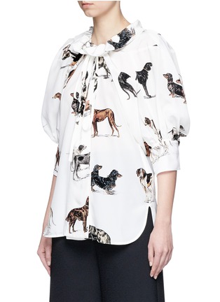 Front View - Click To Enlarge - STELLA MCCARTNEY - Tie neck puffed sleeve dog print silk shirt