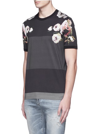 Front View - Click To Enlarge - - - Floral print colourblock stripe T-shirt
