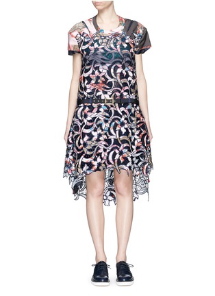 Main View - Click To Enlarge - SACAI - Souvenir scarf print lasercut floral dress