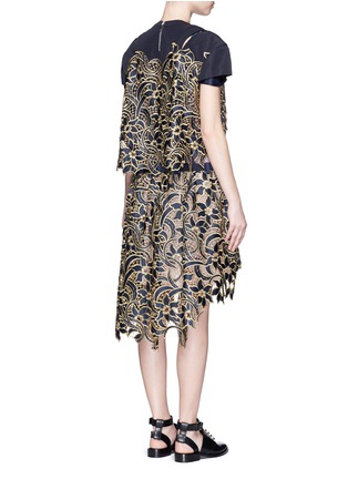 Back View - Click To Enlarge - SACAI - Pleat underlay belted metallic embroidery lace dress
