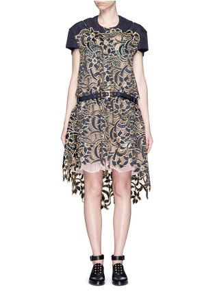 Main View - Click To Enlarge - SACAI - Pleat underlay belted metallic embroidery lace dress