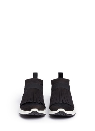 Front View - Click To Enlarge - NEIL BARRETT - Leather fringe mesh runner sneakers