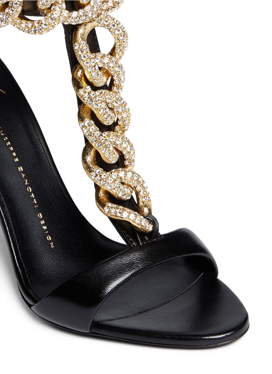 GIUSEPPE ZANOTTI DESIGN - Rhinestone pavé chain leather sandals | Black ...