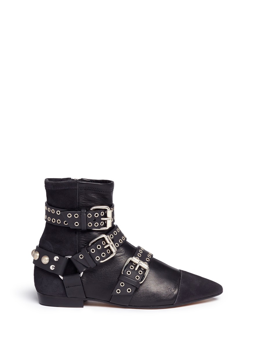 rolling金属孔眼真皮尖头踝靴