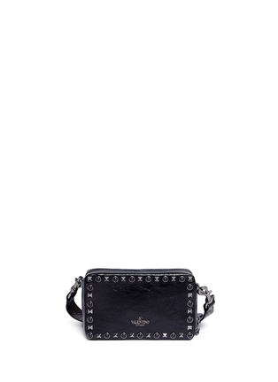Detail View - Click To Enlarge - VALENTINO GARAVANI - 'Guitar Rockstud Rolling Noir' small cracked effect leather bag