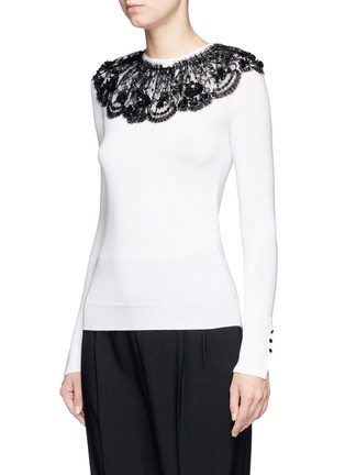 Front View - Click To Enlarge - OSCAR DE LA RENTA - Sequin floral lace collar virgin wool sweater