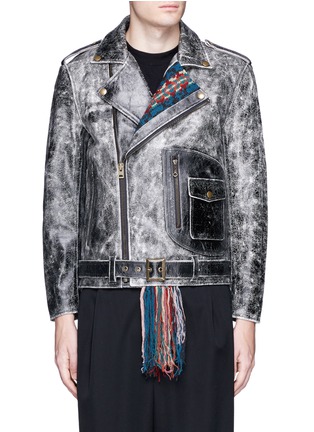 Main View - Click To Enlarge - 72951 - Fringed intarsia trim crackle leather jacket