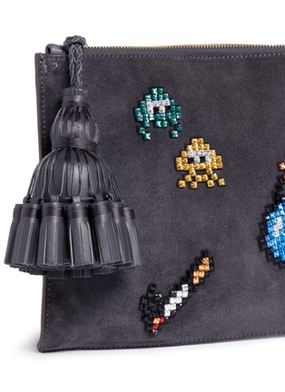  - ANYA HINDMARCH - 'Space Invaders Georgiana' crystal embellished suede clutch