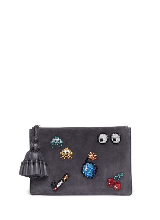 Main View - Click To Enlarge - ANYA HINDMARCH - 'Space Invaders Georgiana' crystal embellished suede clutch