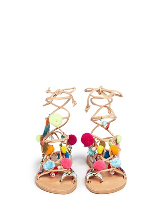Front View - Click To Enlarge - MABU BY MARIA BK - 'Misty' pompom embroidered lace-up sandals