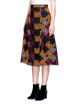 Front View - Click To Enlarge - GIAMBA - Butterfly embroidered tulle flared midi skirt