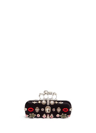 Back View - Click To Enlarge - ALEXANDER MCQUEEN - Obsession charm crystal embroidered satin knuckle clutch
