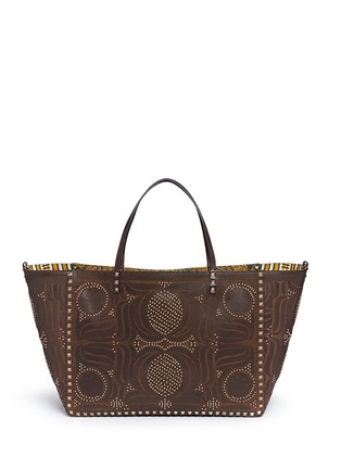 Back View - Click To Enlarge - VALENTINO GARAVANI - 'Rockstud' reversible elephant print tribal relief leather tote