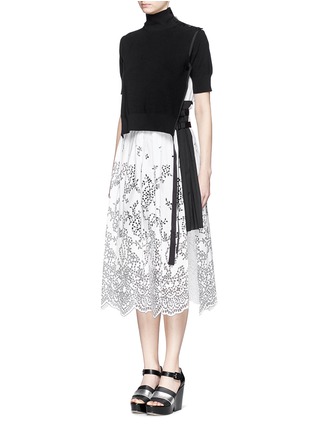 Front View - Click To Enlarge - SACAI - Turtleneck sweater floral eyelet combo dress