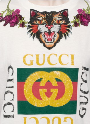 Detail View - Click To Enlarge - GUCCI - 'Angry Cat' appliqué logo print oversized T-shirt
