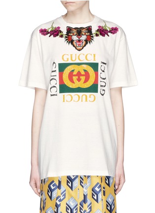 Main View - Click To Enlarge - GUCCI - 'Angry Cat' appliqué logo print oversized T-shirt