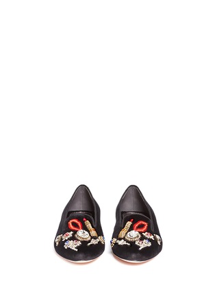 Front View - Click To Enlarge - ALEXANDER MCQUEEN - Lip embroidery jewelled velvet flats
