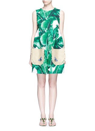 Main View - Click To Enlarge - - - Jewelled banana leaf print brocade wicker pocket dress