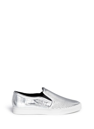 Main View - Click To Enlarge - PEDDER RED - 'Daly' croc effect perforated metallic leather slip-ons
