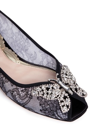 Detail View - Click To Enlarge - ARUNA SETH - 'Liana' crystal butterfly chantilly lace peep toe flats