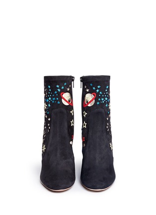 Front View - Click To Enlarge - VALENTINO GARAVANI - 'Astro Couture' galaxy foil print embroidered suede boots