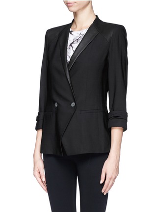 Front View - Click To Enlarge - HELMUT LANG - Combed leather trim double breasted wool blazer