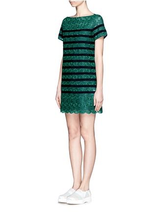 Front View - Click To Enlarge - SACAI LUCK - Colour block stripe floral lace dress
