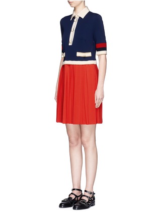 Detail View - Click To Enlarge - GUCCI - Bow neck pleated skirt jersey dress