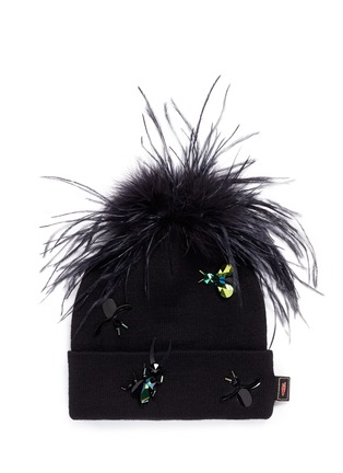 Main View - Click To Enlarge - PIERS ATKINSON - Crystal bug embellished feather pompom beanie