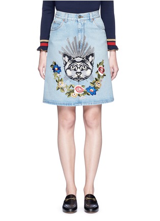Main View - Click To Enlarge - GUCCI - Cat embroidered denim skirt